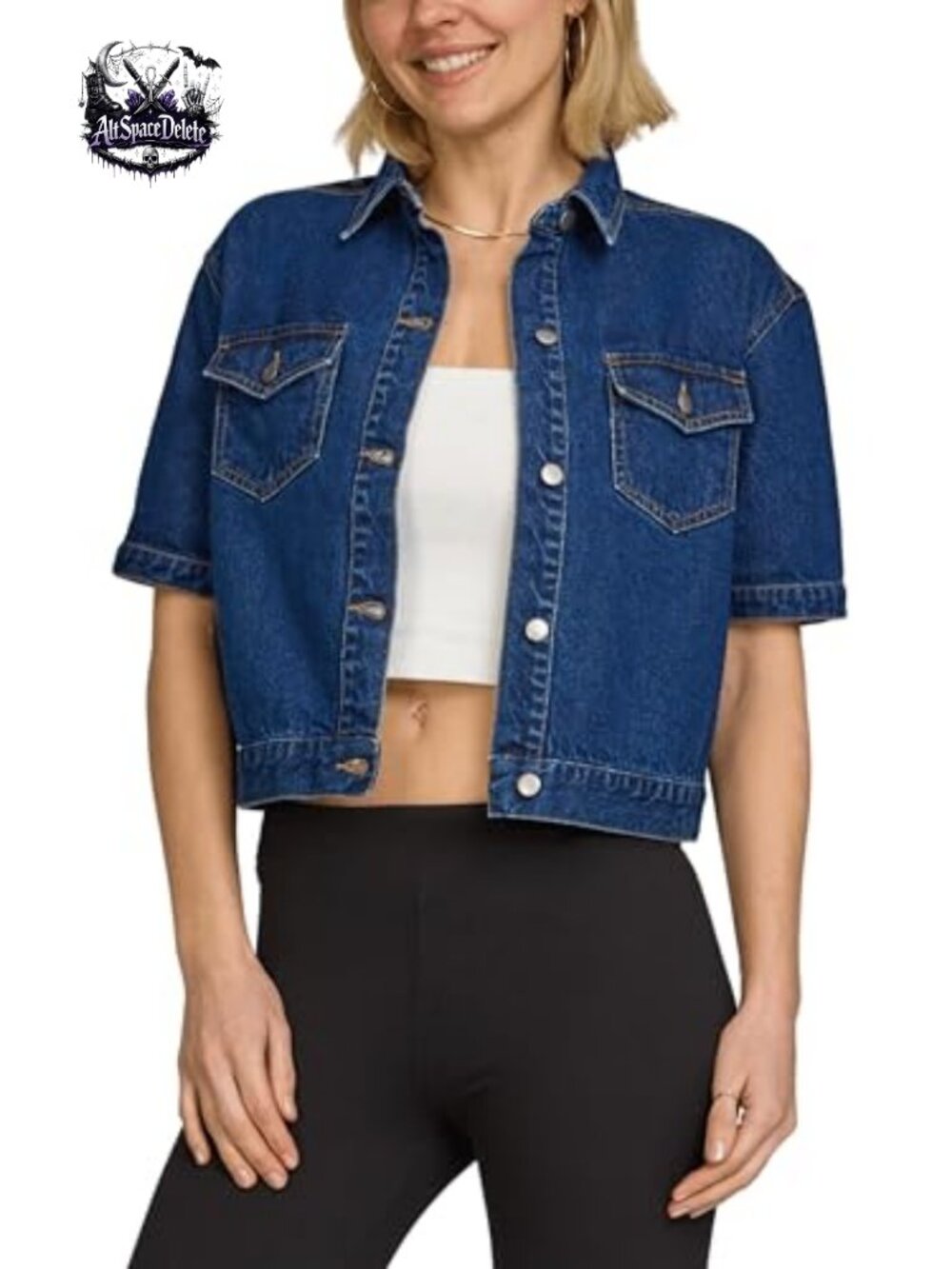 Womens Short Sleeve Denim Jacket Cropped Button Front Summer Layer